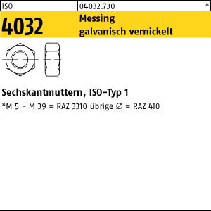 1000 Messing Sechskantmuttern ISO 4032 vernickelt M4