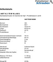25 Edelstahl V2A Sechskantschrauben ISO 4017 A2 - 70 M16x60