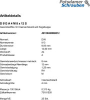 200 Edelstahl Inbus Gewindestifte DIN 913 A4 M8x12