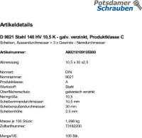 100 Unterlegscheiben DIN 9021 verzinkt 140HV 10,5 mm Ã˜ M10