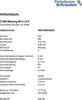 200 Schlitz Linsensenkschrauben DIN 964 Messing M4x8