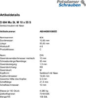 100 Senkschrauben + Mutter DIN 604 Stahl M10x55