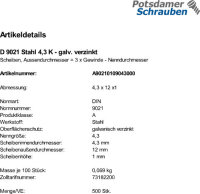 500 Unterlegscheiben DIN 9021 verzinkt 4,3 mm Ã˜ M4