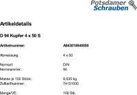 100 Splinte DIN 94 Kupfer 4x50