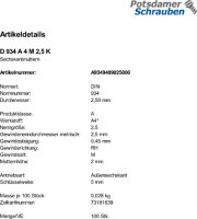 100 Edelstahl V4A Sechskantmuttern DIN 934 A4 M2,5