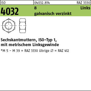 100 Linksgewinde Sechskantmuttern ISO 4032 Kl. 8 verzinkt M4