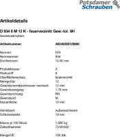100 Sechskantmuttern DIN 934 Kl. 8 feuerverzinkt M12