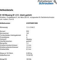 100 Messing Unterlegscheiben DIN 125 blank Form B 1,3 Ã˜ M1,2