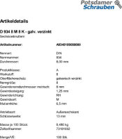 100 Sechskantmuttern DIN 934 Kl. 8 verzinkt M8