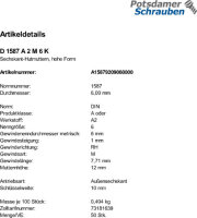 50 Edelstahl V2A Hutmuttern DIN 1587 A2 M6