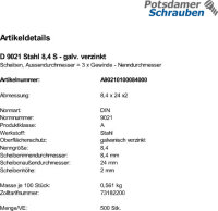 500 Unterlegscheiben DIN 9021 verzinkt 8,4 mm Ã˜ M8