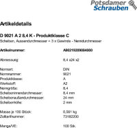 100 Edelstahl V2A Unterlegscheiben DIN 9021 A2 8,4 mm Ã˜ M8