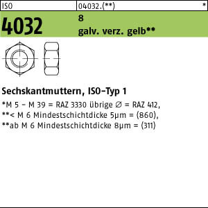 100 Sechskantmuttern ISO 4032 6-8 gelb verzinkt M3