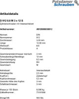 500 Innensechskant Zylinderkopfschrauben DIN 912 8.8 schwarz M3x12