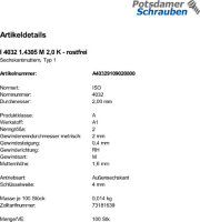 100 Edelstahl A1 Sechskantmuttern ISO 4032 1.4305 M2,0