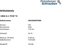 100 Edelstahl V4A Sechskantmuttern ISO 4032 A4 -70 M7