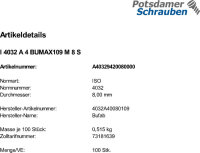 100 Edelstahl V4A Sechskantmuttern ISO 4032 A4 BUMAX109 M8
