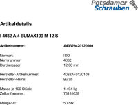 50 Edelstahl V4A Sechskantmuttern ISO 4032 A4 BUMAX109 M12