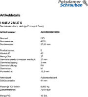 10 Edelstahl V2A Sechskantmuttern niedrig ISO 4035 A2 M27