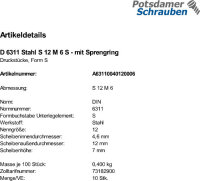 10 Druckstücke DIN 6311 Stahl S 12 M6 mit Sprengring
