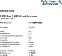 10 Druckstücke DIN 6311 Stahl S 16 M8 mit Sprengring