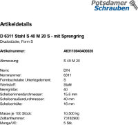 5 Druckstücke DIN 6311 Stahl S 40 M20 mit Sprengring