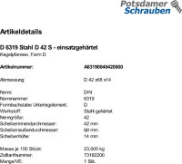 1 Kegelpfannen DIN 6319 Stahl D 42 einsatzgehärtet