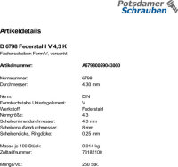 250 Fächerscheiben DIN 6798 Federstahl Form V 4,3...
