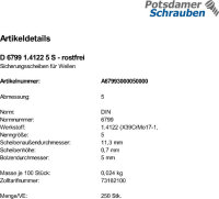 250 Edelstahl Sicherungsscheiben DIN 6799 1.4122 5