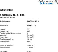 25 Passfedern DIN 6885 C45K A 14x9x110 Stahl