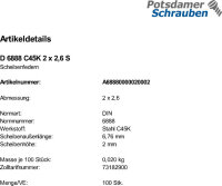 100 Scheibenfedern DIN 6888 C45K 2x2,6 Stahl
