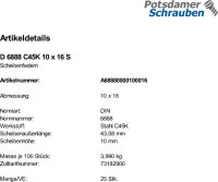 25 Scheibenfedern DIN 6888 C45K 10x16 Stahl