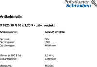 100 Sechskantmuttern DIN 6925 10 M10x1,25 verzinkt Stahl
