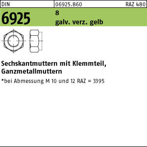 100 Sechskantmuttern DIN 6925 8 M6 verzinkt gelb chrom. C Stahl