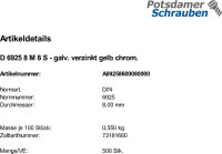 500 Sechskantmuttern DIN 6925 8 M8 verzinkt gelb chrom. C...