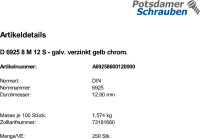 100 Sechskantmuttern DIN 6925 8 M12 verzinkt gelb chrom....