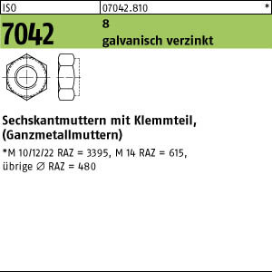 250 Sechskantmuttern ISO 7042 8 M12 verzinkt Stahl