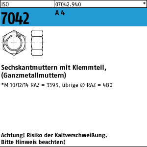 10 Sechskantmuttern ISO 7042 A4 M30 mit 3-Punkt-Quetschung V4A Edelstahl