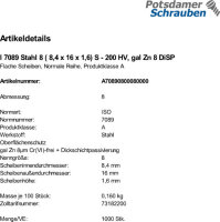 1000 Unterlegscheiben ISO 7089 DiSP M8 ( 8,4x16x1,6)