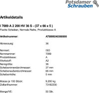 50 Edelstahl V2A Unterlegscheiben ISO 7089 A2 M36 (37x66x5 )