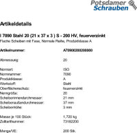 200 Unterlegscheiben ISO 7090 feuerverzinkt M20 (21x37x3 )