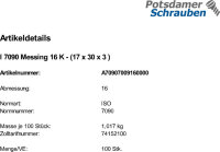 100 Unterlegscheiben ISO 7090 Messing M16 (17x30x3 )