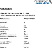 200 Edelstahl V4A Unterlegscheiben ISO 7090 A4 M6 ( 6,4x12x1,6)