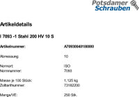 250 Unterlegscheiben ISO 7093 -1 Stahl 200HV M10