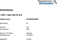 100 Unterlegscheiben ISO 7093 -1 Stahl 200HV M20