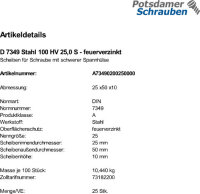 25 Scheiben DIN 7349 Stahl 100 HV 25,0 feuerverzinkt tZn