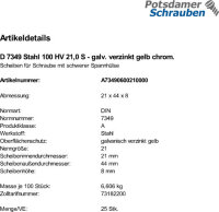 25 Scheiben DIN 7349 Stahl 100 HV 21,0 verzinkt gelb...