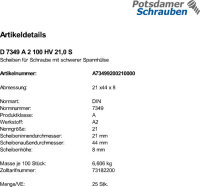 25 Edelstahl Scheiben DIN 7349 A2 100 HV 21,0