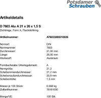 100 Aluminium Dichtringe DIN 7603 Form A 21x26x1,5