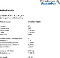 100 Kupfer Dichtringe DIN 7603 Form A 17x23x1,5